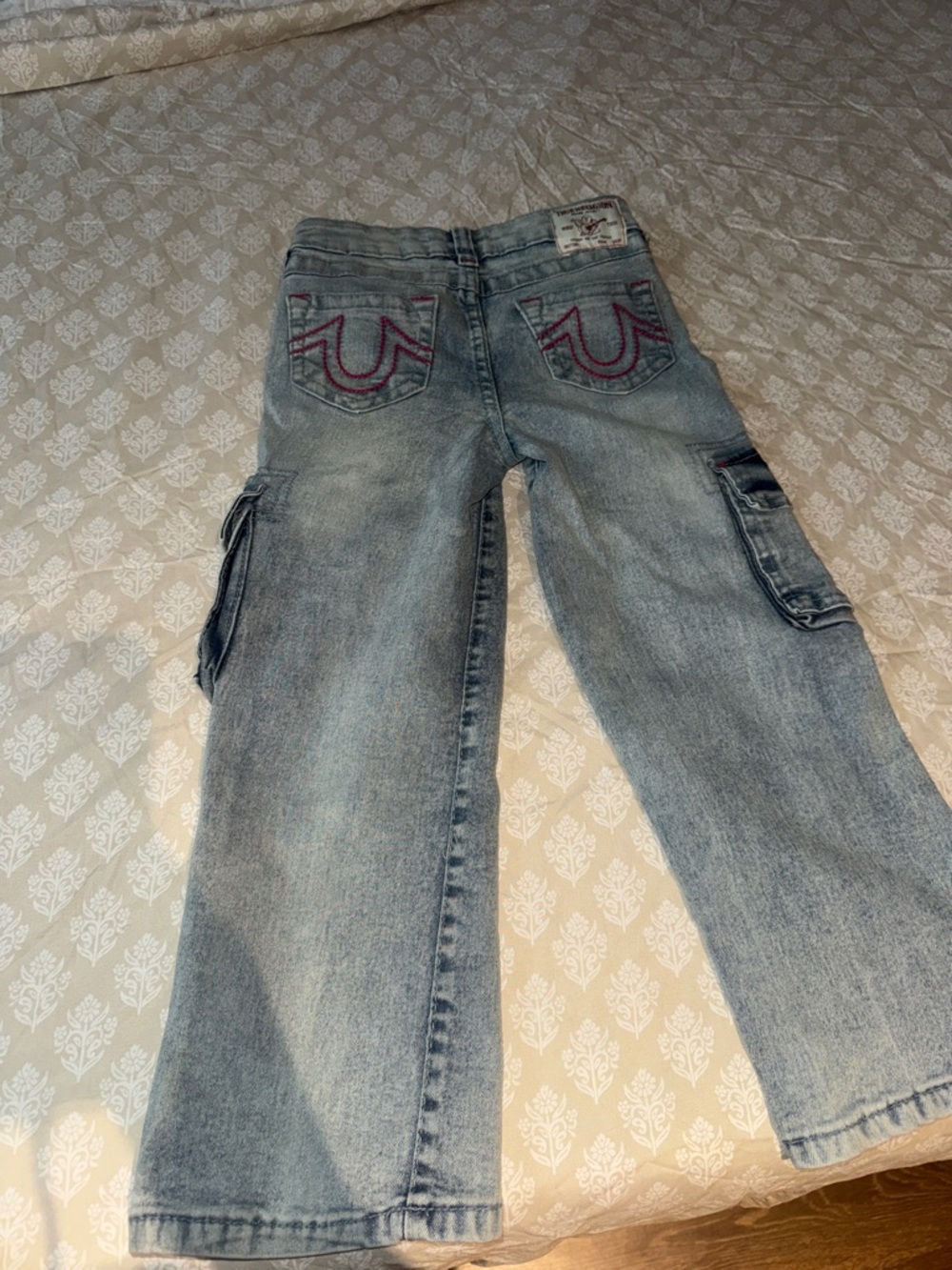 True Religion Light Blue Flared Cargo Jeans with Embroidered Back